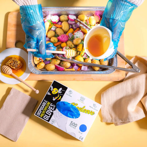 Hands wearing gloves handling food; Disposable Gloves Bulk Pack 500 Count One Size Fits Most For Food Safe Handling In Kitchen