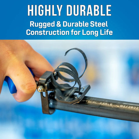 Close-up of hand using RocketRibbon Cable Shaving Tool RRS1222, cutting optical cable with durable SK5 blade and adjustable guide.