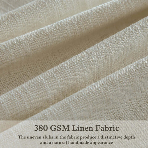 Close-up of 380 GSM linen fabric texture for Sand Beige Linen Curtains 102 Inches Long for Living Room Two Panels 50 by 102 Inch Pinch Pleated Drape with Back Tab Hooks Rings for Track System Light Filtering Memory Shape Trained Technology for Bedroom Sliding Patio Door.