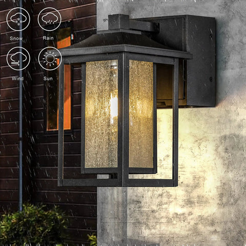Black Exterior Wall Light With Dusk To Dawn Sensor And Seeded Glass For Front Porch Patio Or Garden, illuminated on wall with rain icons