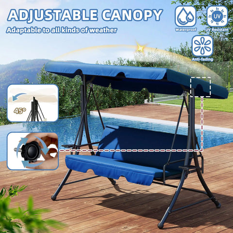 Cozy Three Seat Patio Swing With Adjustable Canopy And Built In Side Tables by a pool, showing adjustable features