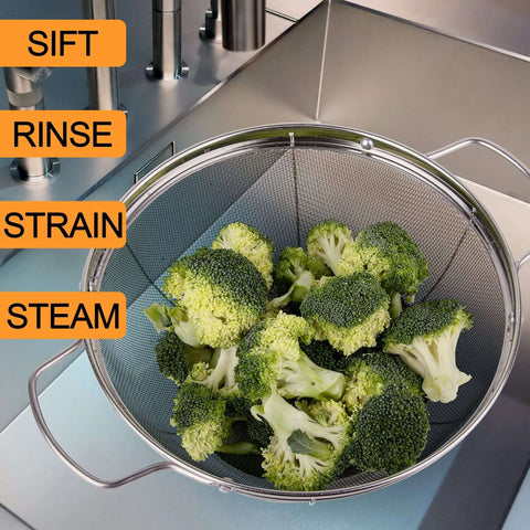 Three Pack 18/8 Stainless Steel Colander Sieves Set With Handy Handles And Resting Base For No Fuss Straining Draining Rinsing Or Steaming In 5 Quart 4 Quart And 3 Quart Sizes displaying broccoli