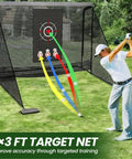 Golfer using 10x7Ft Golf Practice Net With Target Mat For Backyard Driving And Chipping Training, Heavy Duty Indoor Outdoor Swing Trainer.