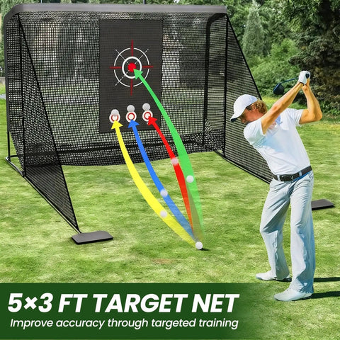 Man swinging club at Indoor Outdoor Golf Practice Net 10x7ft With Target Mat and Chipping Cage, backyard setup on grass.