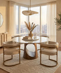 Built Tough 47 Inch Round Dining Table With White Sintered Stone Top And Legit Smooth Rotating Lazy Susan For Chowing Down With Two To Six Guests Hangout Style in modern dining space.
