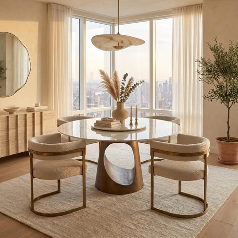 Built Tough 47 Inch Round Dining Table With White Sintered Stone Top And Legit Smooth Rotating Lazy Susan For Chowing Down With Two To Six Guests Hangout Style in modern dining space.