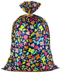 Giant 56 Inch Plastic Gift Bag With Pink And Yellow Floral Print For Large Gifts Like Ottomans Bedding Sets Lamps And More Perfect For Birthdays Mother's Day Bridal And Baby Showers, tied with yellow cord.
