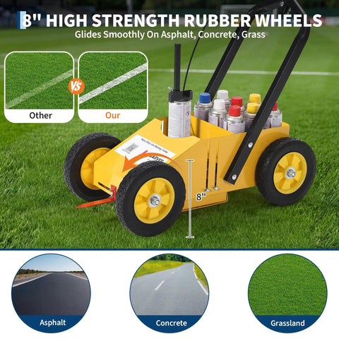 Heavy Duty Adjustable Line Striping Machine with 8 inch rubber wheels for lawns, parking lots, sports fields