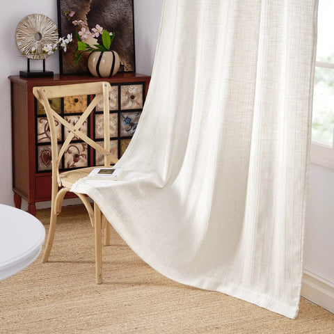 Natural Linen Curtains With Jacquard Waffle Weave For Living Room Cozy Privacy Light Filtering Boho Drapes For Farmhouse Style W52 X L84 2 Panels Ready To Hang shown hanging in a room setting.