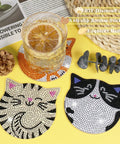 Cat Diamond Painting Coaster Kit Set With Holder Dope 6 Piece Diamond Art Coasters DIY Crafts For Adults shown with tea glass