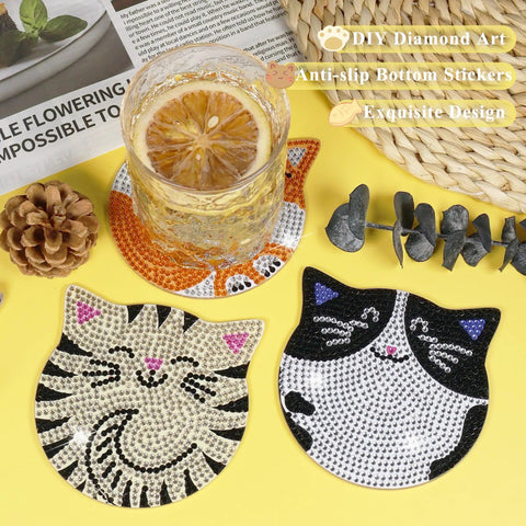 Cat Diamond Painting Coaster Kit Set With Holder Dope 6 Piece Diamond Art Coasters DIY Crafts For Adults shown with tea glass