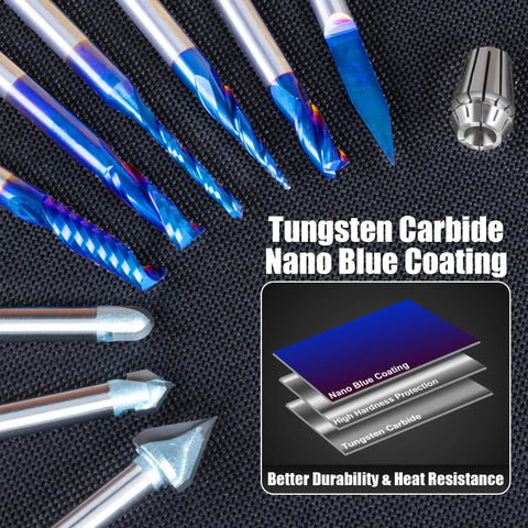Quarter Inch Shank Carving Router Bit Set Ten In One With V Groove Bits Spiral End Mills Tapered Bits For Woodworking Relief Carving Lettering And Metal Carving Includes ER11 Collet