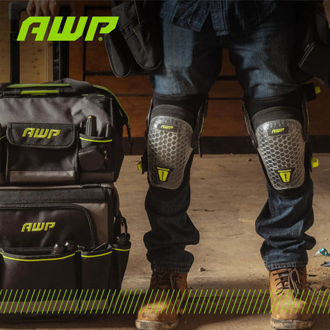 Person wearing dual gel foam knee pads with comfort hinge and non marring caps for heavy duty flooring and construction