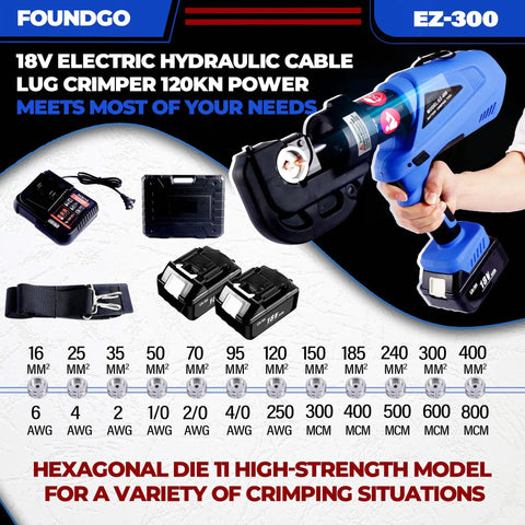 No Sweat Heavy Duty Electric Hydraulic Cable Lug Crimper 12 Ton Terminal Crimping Pliers Rechargeable Wire Crimping Tool with dies and battery packs.