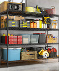 Heavy Duty Garage Shelving Unit with 4 Tier Adjustable Wire Shelves 2560 Lbs Capacity 55.5 Inch Wide Industrial Storage Rack for Home Shop and Commercial Use, black wire frame in garage