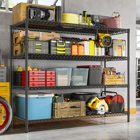 Heavy Duty Garage Shelving Unit with 4 Tier Adjustable Wire Shelves 2560 Lbs Capacity 55.5 Inch Wide Industrial Storage Rack for Home Shop and Commercial Use, black wire frame in garage