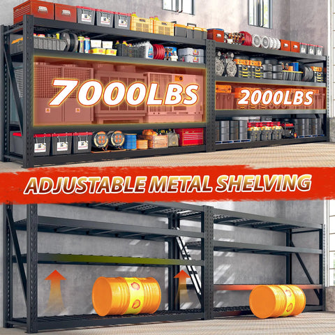 Beefy 8000 Lbs Capacity Garage Shelving System, 77 Inch Wide Heavy Duty Industrial Shelves, 2000 Lbs Per Shelf, Built Tough With Crossbeams And Steel Mesh For Maximum Load And Ultra Organized Space, 4-tier metal garage rack