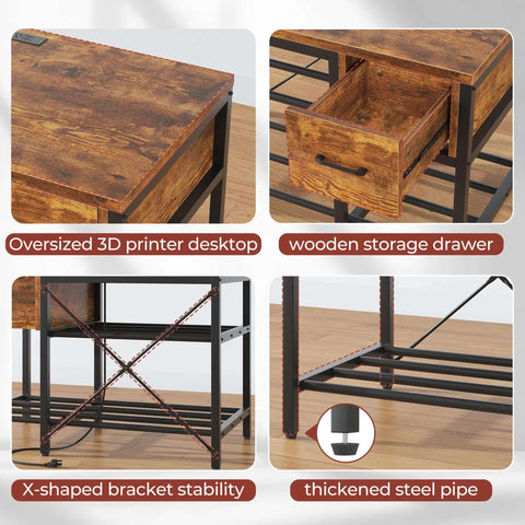 All In One 3D Printer Workstation with Filament Storage, Metal Table, Drawer, and Power Hub featuring wooden storage drawer and steel frame