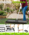 Person demonstrating installation of 30x10 Inch Lawn Leveling Rake With Aluminum Rollers And Stainless Steel Build Dual Roller Yard Leveler