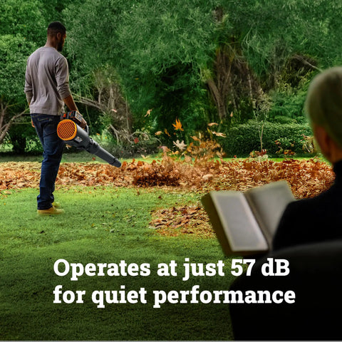 Person using Cordless Leaf Blower With 780 CFM Air Volume And 190 MPH Air Speed Brushless Motor Gas Like Power Quiet 57 DB 40V Battery Powered Includes Two 4.0Ah Batteries And Charger WG582 in a garden