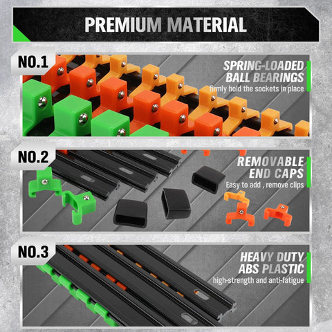 Pro Grade Socket Clip Rail Organizer Kit 6 Piece Set, Heavy Duty ABS Holder, spring-loaded bearings, removable ends