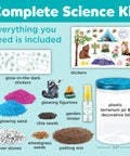 Grow N Glow Terrarium Kit For Kids, components including terrarium jar, glow figures, stickers, sand, seeds for STEM projects
