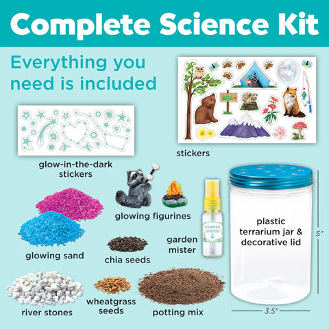 Grow N Glow Terrarium Kit For Kids, components including terrarium jar, glow figures, stickers, sand, seeds for STEM projects