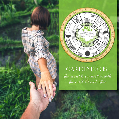 Woman in a garden holding hands with Moon Phase Garden Calendar For Planting Pruning And Sowing An Easy Dial Moon Planner