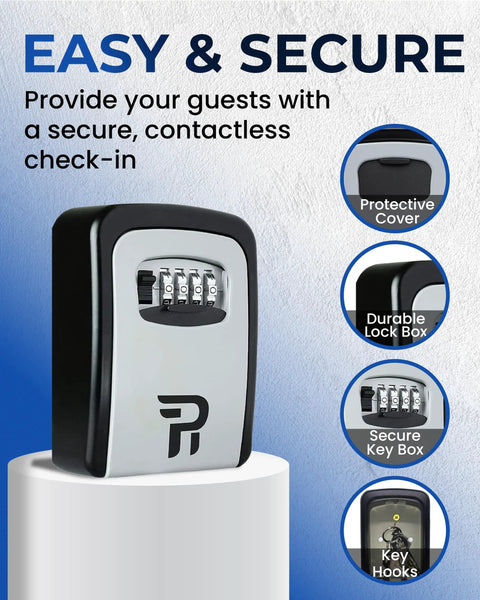 Beefy Outdoor Key Lock Box Wall Mounted With 4-Digit Code Heavy-Duty Weatherproof Key Safe, showing features like durable lock box and key hooks.