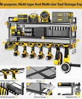 Wall Mount Power Tool Organizer With Seven Cordless Drill Holders, heavy duty metal tool rack, garage storage shelf with battery holder