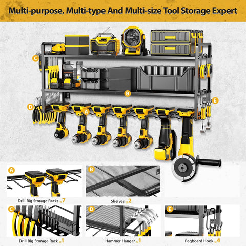 Wall Mount Power Tool Organizer With Seven Cordless Drill Holders, heavy duty metal tool rack, garage storage shelf with battery holder