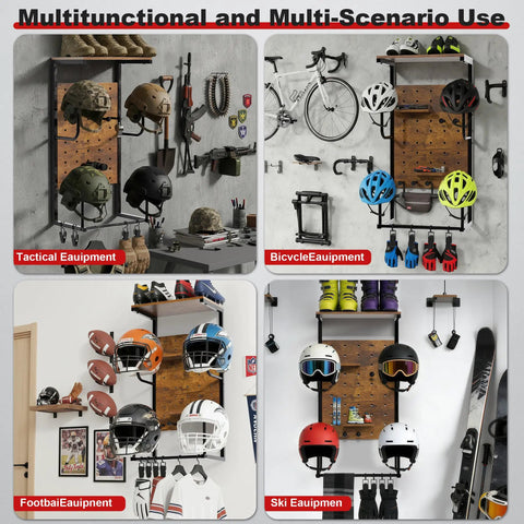Ride Ready Wall Mount Helmet Holder featuring tactical, bicycle, football, and ski helmets with glove clips, solid wood construction.