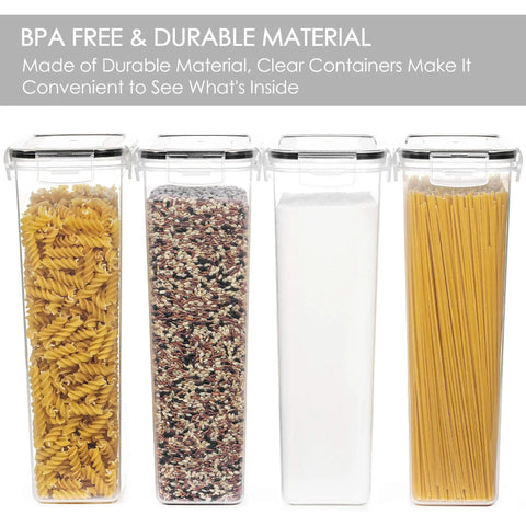 4 Pack 2.8L Airtight Food Storage Containers With Lids, BPA Free, filled with pasta, grains, sugar, and spaghetti, side by side display.