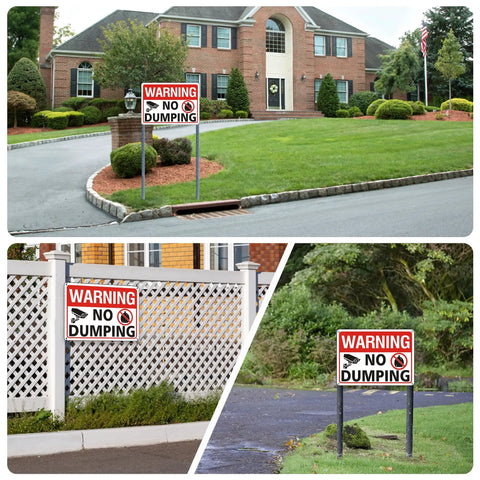 No Nonsense Heavy Duty No Dumping Signs 2 Pack Stand Your Ground On Private Property video surveillance alert in various outdoor settings.