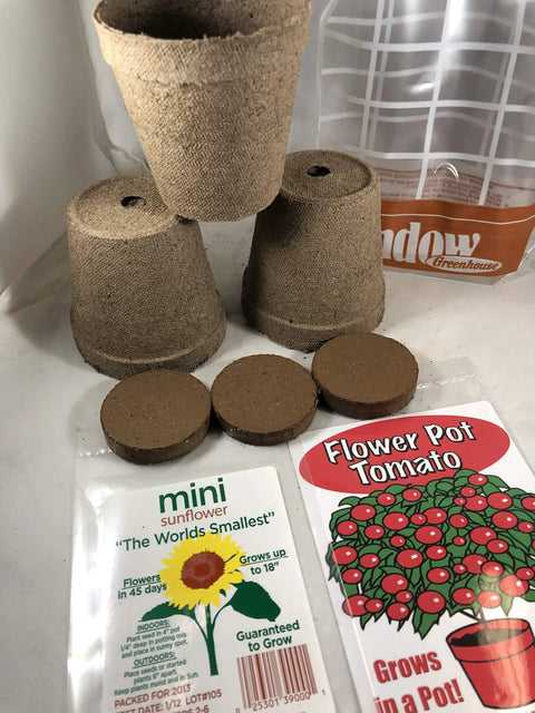 Red Tomato Growth Kit With Kid Greenhouse And Seed Pack Includes Mini Sunflowers And Professional Growing Mix shown with pots and seeds