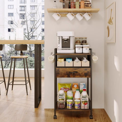 Compact Coffee Bar Cart With Secure Drawer And Hanging Mug Rack Real Cool Three Tier Station ideal for modern kitchen use.