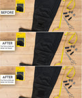 Heavy Duty Iron-On Patches Set 12 Black Fabric Repair Patches Before and After Application on Black Pants