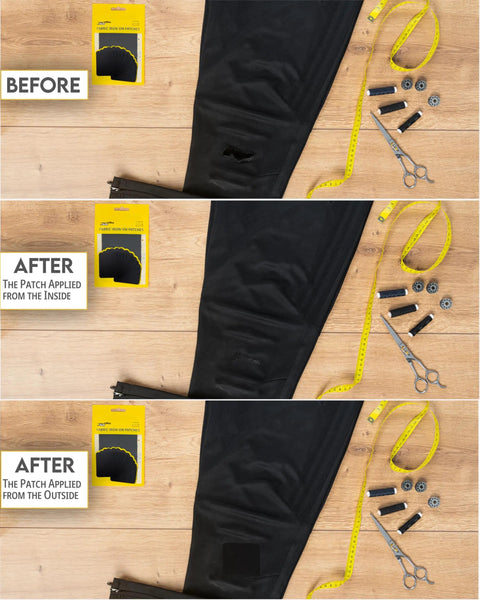 Heavy Duty Iron-On Patches Set 12 Black Fabric Repair Patches Before and After Application on Black Pants