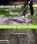 Person using Beefy Heavy Duty Lawn Leveling Rake With 30 By 10 Inch Ground Plate And 6 Foot Adjustable Handle Rust Resistant Stainless Steel Yard Leveler for garden.