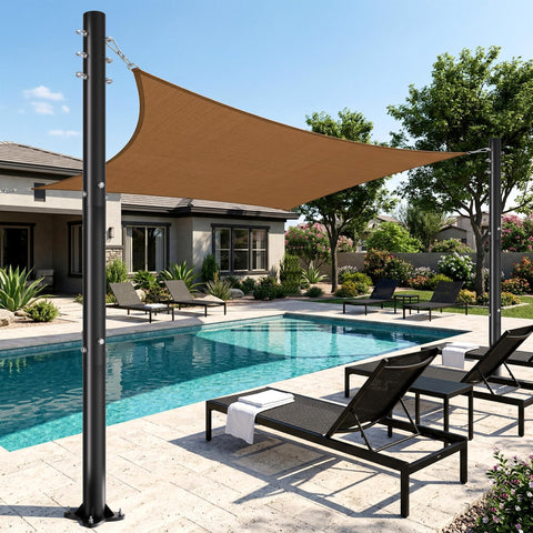 2 Pack 10-Foot Shade Sail Poles, 2.6 Inch Diameter Steel Heavy Duty by poolside with mounted brown shade sail.