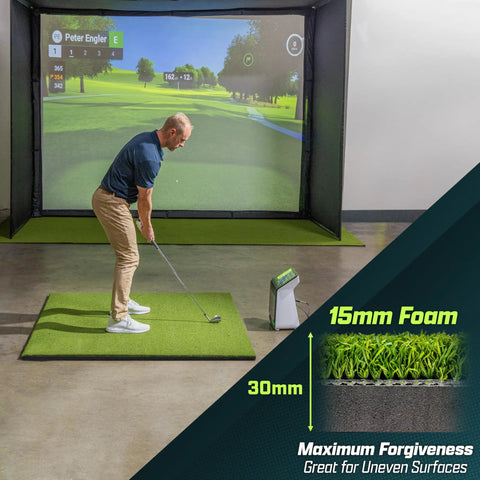 Man practicing swing on Elite 5x5 Ft Golf Hitting Mat with 15mm artificial turf for indoor outdoor use, includes 3 rubber tees.