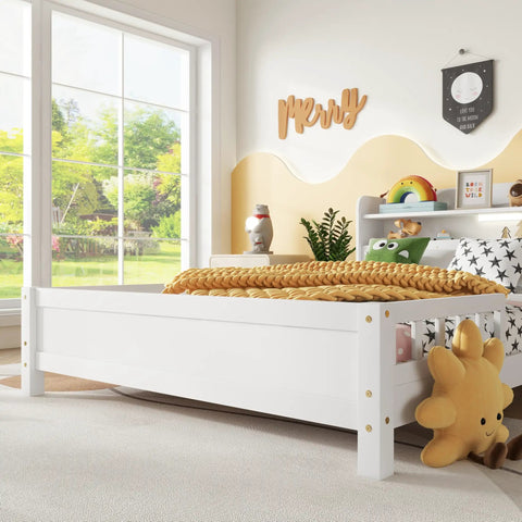 Solid Pine Wood Full Bed With Built In Bookcase Headboard LED Motion Sensor Night Light White Finish And Flexible Guardrails For Safe Sleep