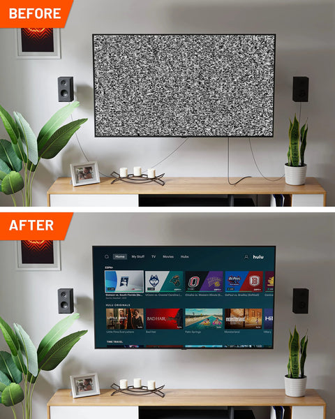 Before and after installation of the Two Pack Mini In Wall TV Cord Hider Kit Two Point Five Inch Width For Low Profile Cable Concealment