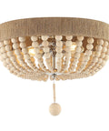 14 Inch Taupe And Polished Nickel Two Light Wood Bead Iron Flush Mount Ceiling Light For Farmhouse Boho Style, UL Listed, LED Included