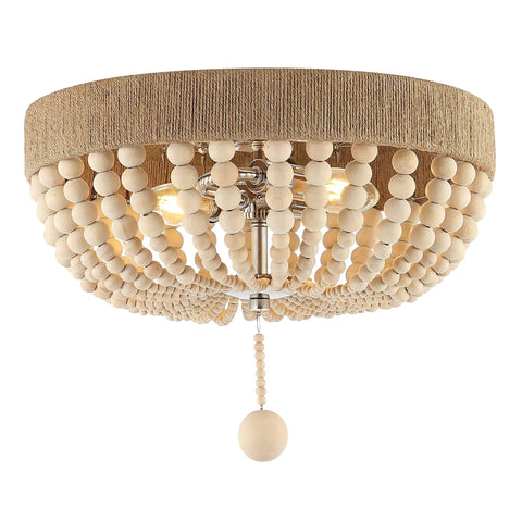 14 Inch Taupe And Polished Nickel Two Light Wood Bead Iron Flush Mount Ceiling Light For Farmhouse Boho Style, UL Listed, LED Included