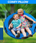40 Inch Saucer Tree Swing With 600 Pound Capacity Includes 2 Straps And Carabiners Pillow Waterproof 900D Oxford Seat Steel Frame For Kids And Adults Backyard Blue, kids sitting on swing