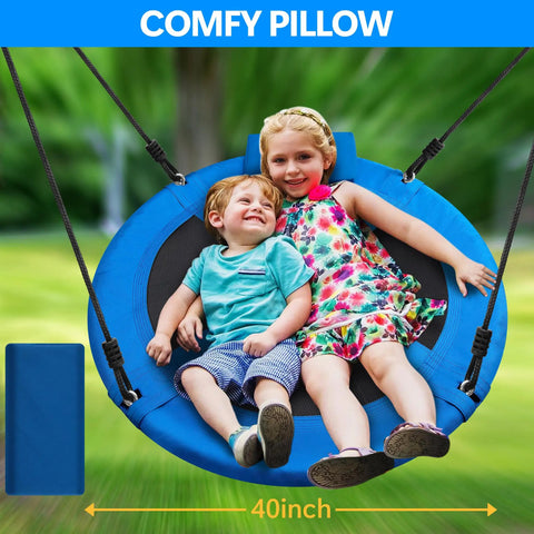 40 Inch Saucer Tree Swing With 600 Pound Capacity Includes 2 Straps And Carabiners Pillow Waterproof 900D Oxford Seat Steel Frame For Kids And Adults Backyard Blue, kids sitting on swing