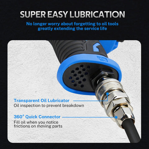 Drop Dead Tough 1/2 Air Impact Wrench With 1150 Ft Lbs Beastly Torque And Double Hammer Design showing easy lubrication feature and quick connector.
