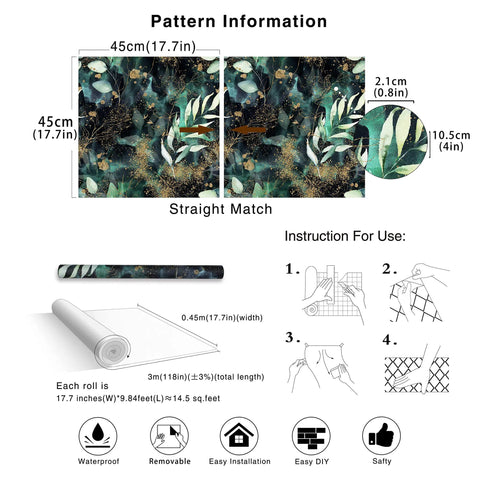Instruction diagram for Peel And Stick Boho Forest Wallpaper Removable Mural In Black Green And Matte Gold Vinyl Self Adhesive
