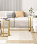 Marble Top C Shaped End Table With Gold Metal Frame, Compact Sofa Side Table That Slides Under Couch in living room setting